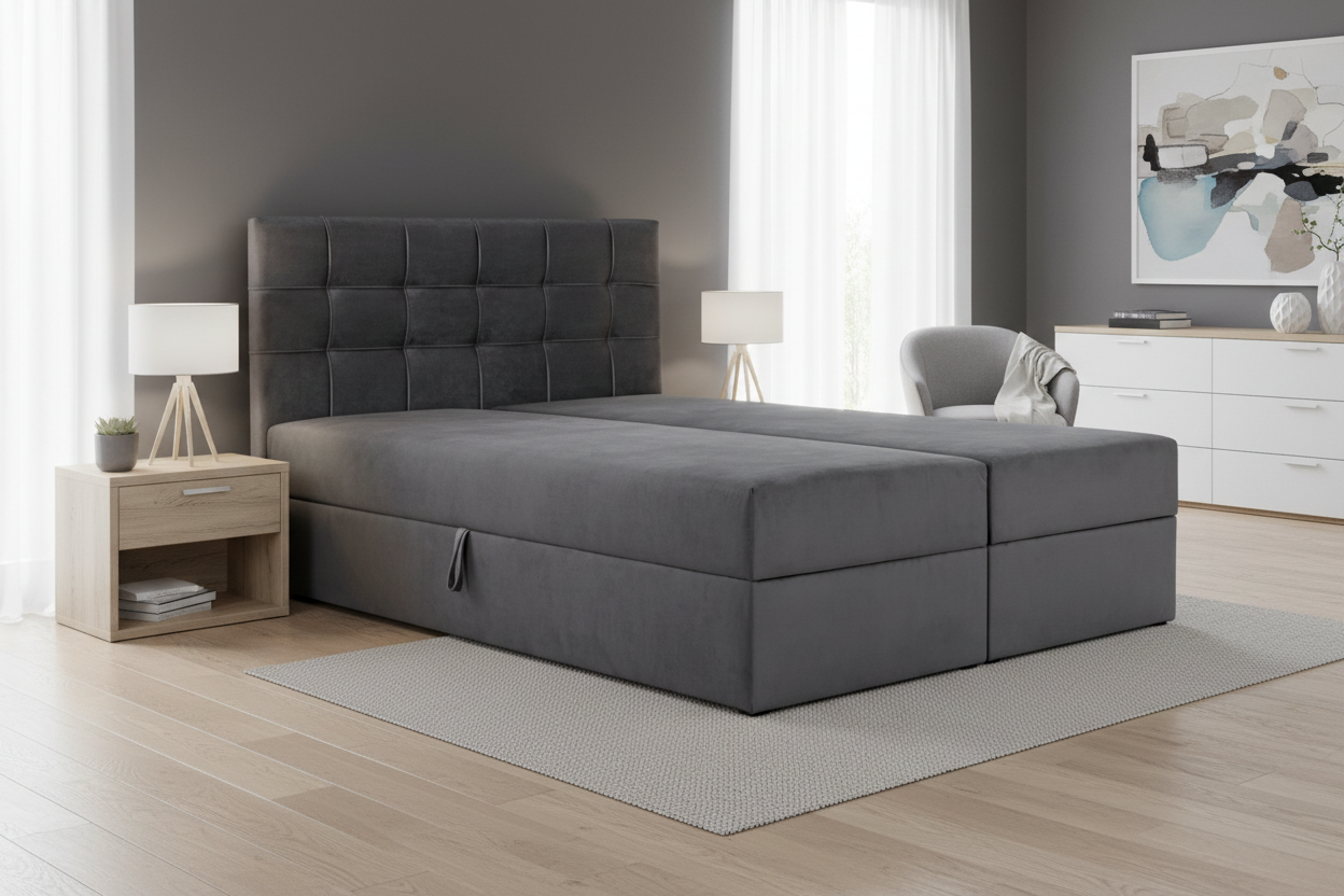 Gray upholstered bed with tufted headboard on a white background